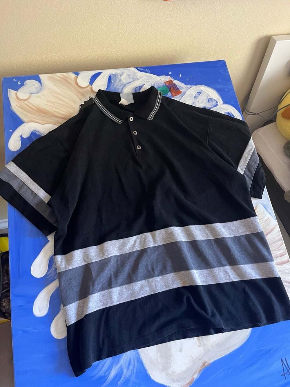Vintage Touch Down Polo Shirt Black Gray Striped XXL Made in USA